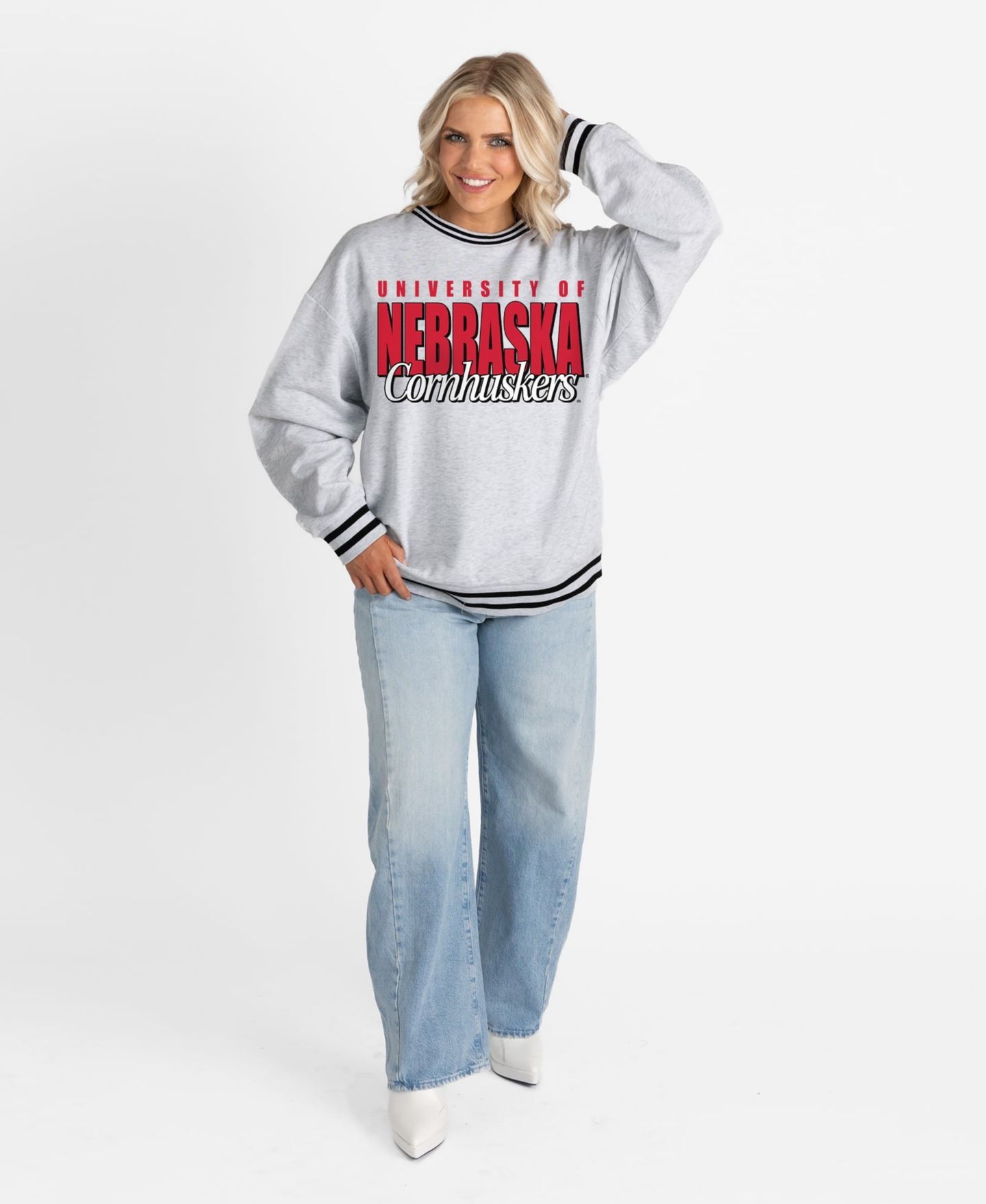Женская толстовка Gameday Couture Gray Nebraska Huskers Oversized Showdown Ringer Stripe — фото 3