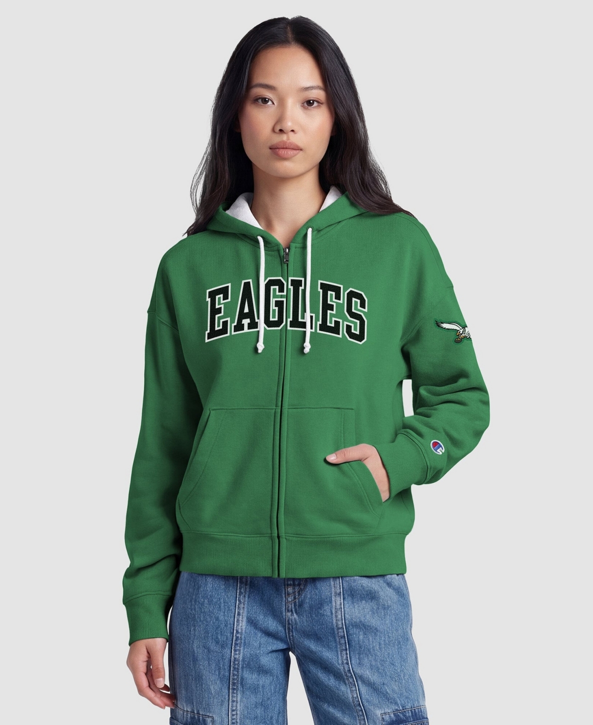 Champion Women's Kelly Green Philadelphia Eagles Contrast Liner Full-Zip Hoodie - Kelly Green, White