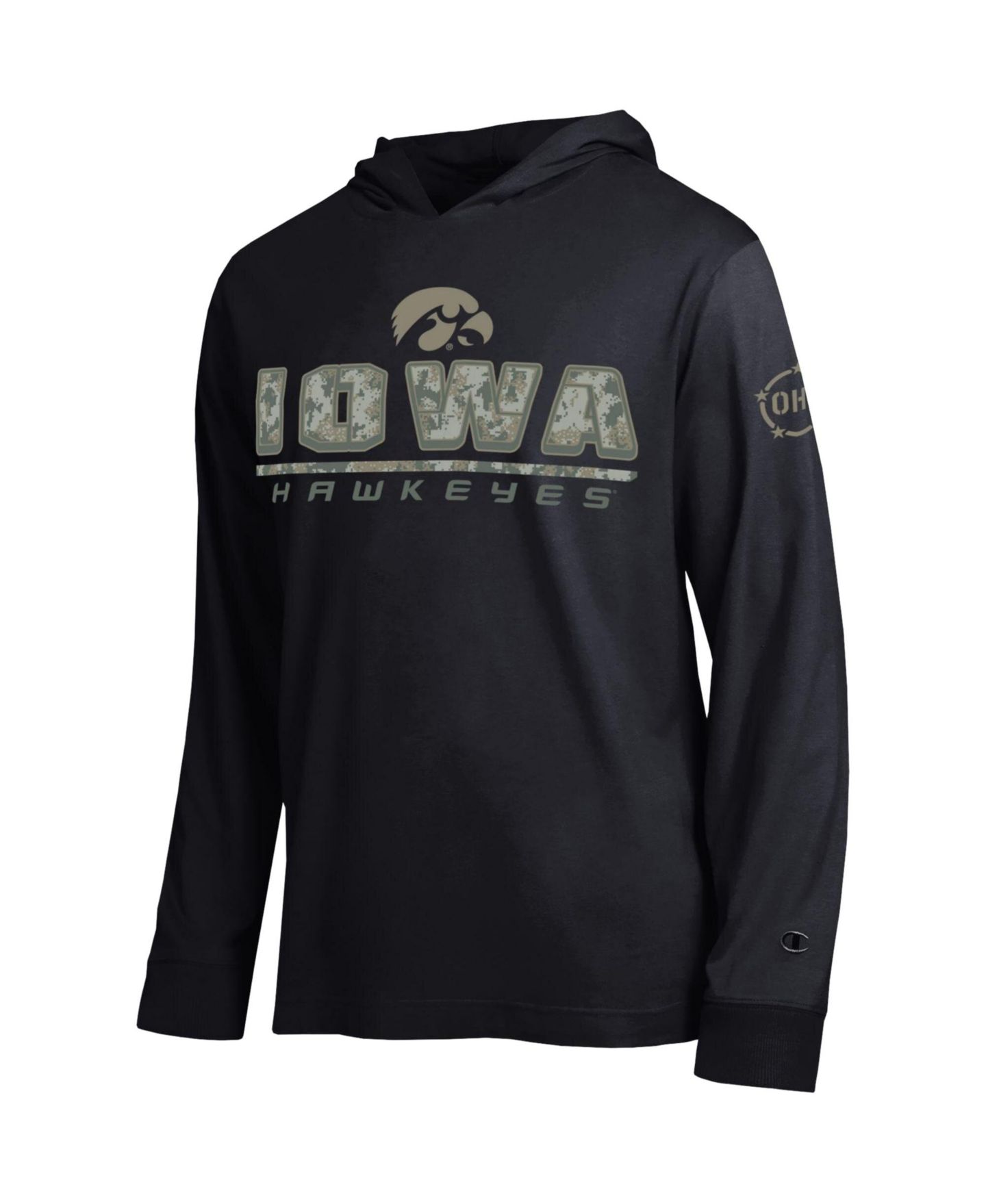 Мужская футболка Champion Black Iowa Hawkeyes Operation Hat Trick Camo Script Hooded Long-Sleeve — фото 2