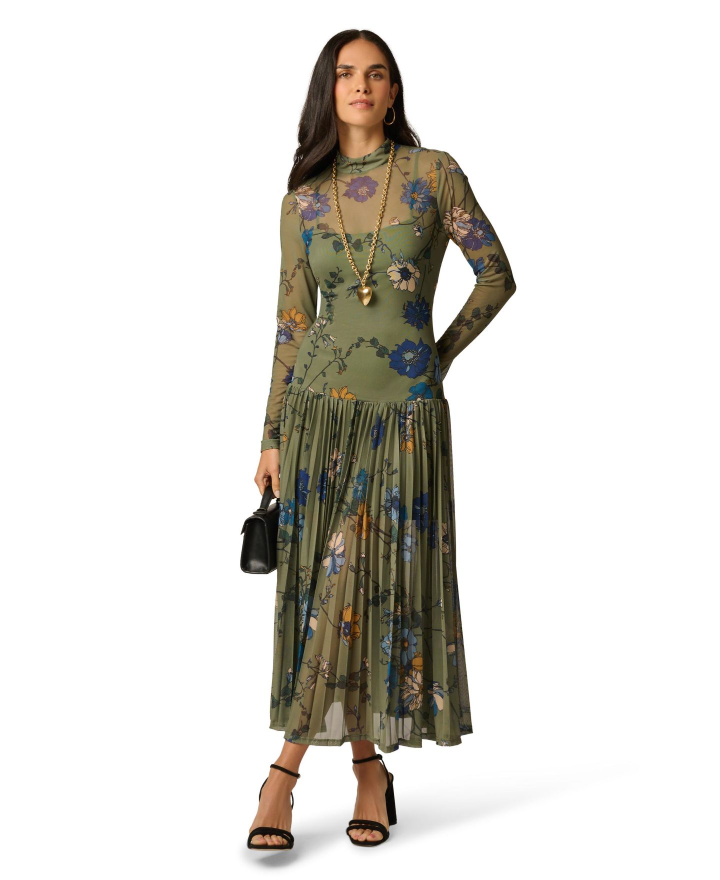 Женское платье Adrianna Papell Floral-Print Mock Neck Ankle, цвет: Оливковый разноцветный — фото 2