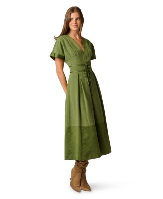 Women's Satin Waist Tie V-Neck A-Line Short-Sleeve Dress