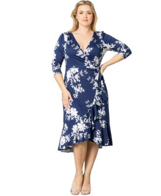 Plus Size Flirty Flounce Midi Wrap Dress with 3/4 Sleeves
