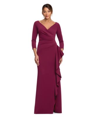Women's Petite V-Neck 3/4-Sleeve Ruffled Gown