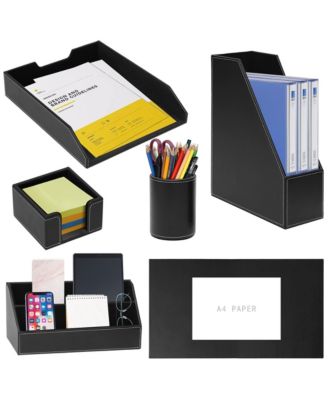 6 Piece Desk Organizer Set Leather Writing Pad File Tray Pen Cup Sticky Note Holder
