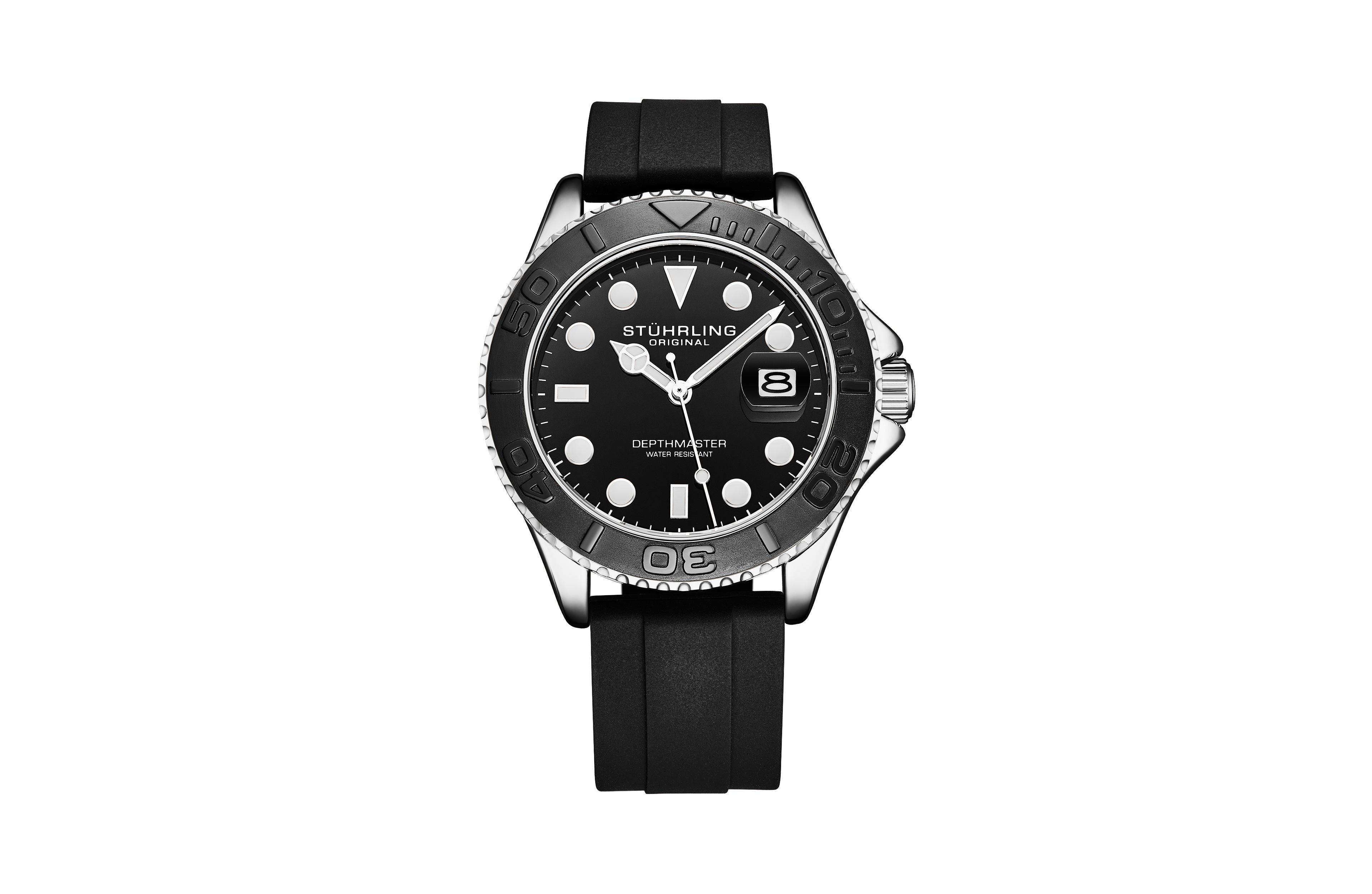 Stuhrling Depthmaster 4072 Men s Quartz Diver Watch – 42mm, Black Dial, Silicone Strap, Rotating Bezel, Date, 100M Water Resistant