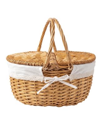 Handwoven Wicker Storage Basket, Decorative Flower Picnic Basket with Carry Handle and Lace Trim for Camping and Home Decor