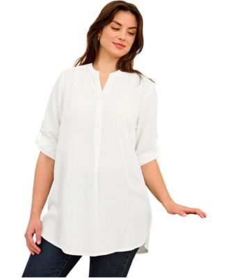 Plus Size Three-Quarter Sleeve Roll Tab Relaxed Fit 100% Cotton Henley Tunic Tops