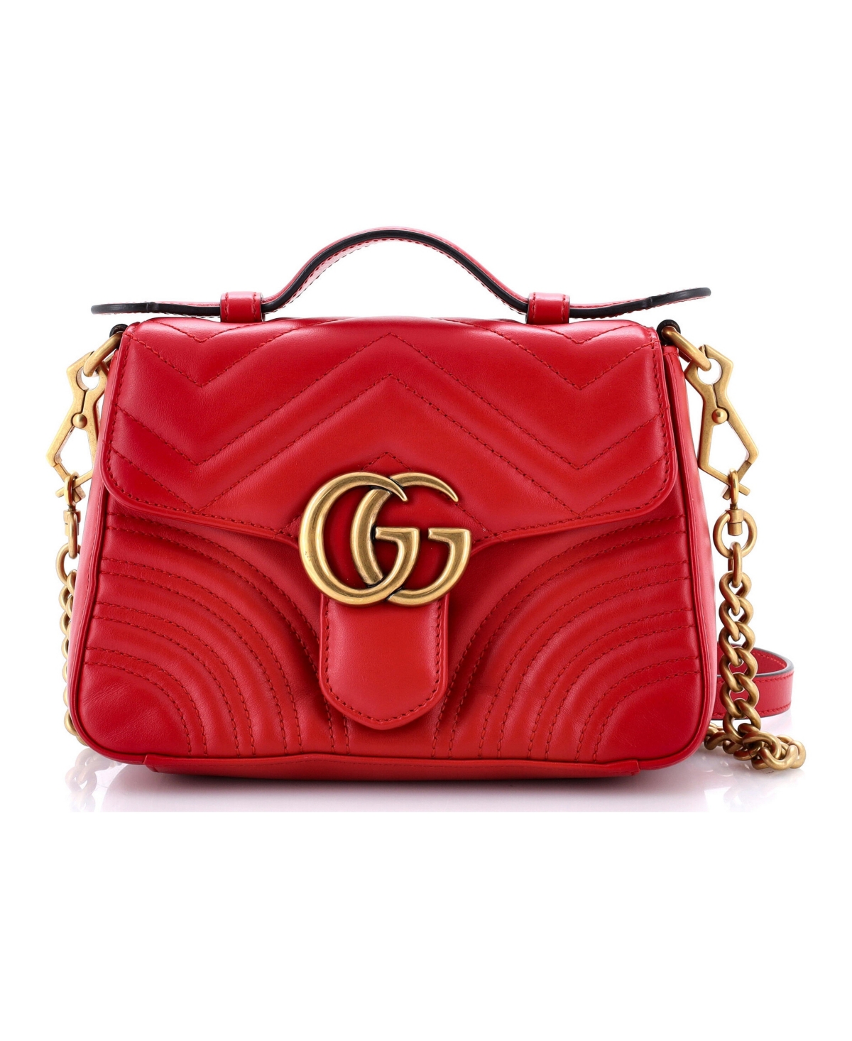 Pre-Owned Gucci Mini Gg Marmont Top Handle Flap Bag Matelasse Leather - Red