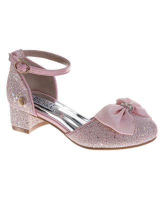 Little Girls 12-4 Glitter Bow Dress Shoes, Ankle Strap Block Heel Shoes