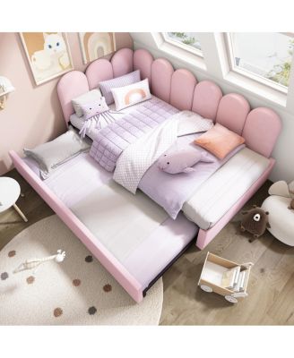 Upholstered Twin Daybed with Pull-Out Trundle and Metal Slats