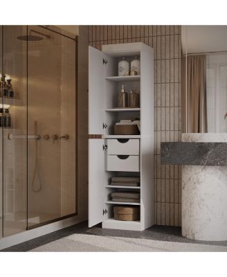 Solid Wood Tall Bathroom Linen Storage Cabinet with Raised Panel Doors, 2 Drawers, Adjustable Shelves