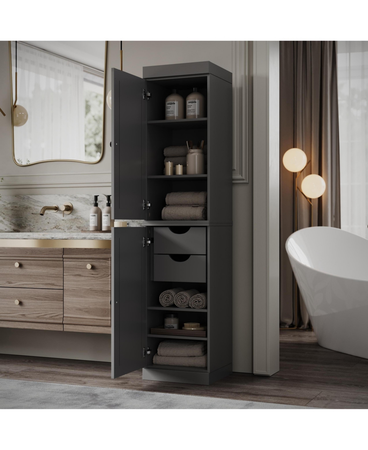 Palace Imports Solid Wood Tall Bathroom Linen Storage Cabinet with Raised Panel Doors, 2 Drawers, Adjustable Shelves - Gray