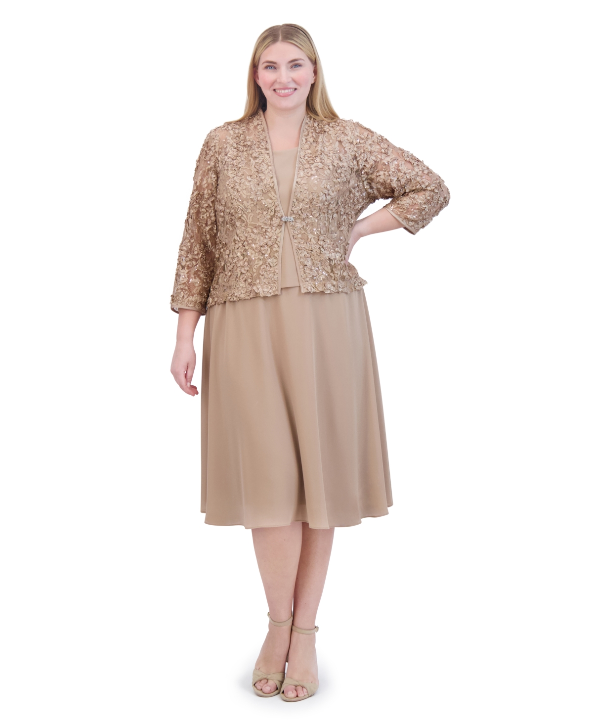 Jessica Howard Plus Size Soutache Jacket and Fit & Flare Dress, 2-Piece Set - Toffee