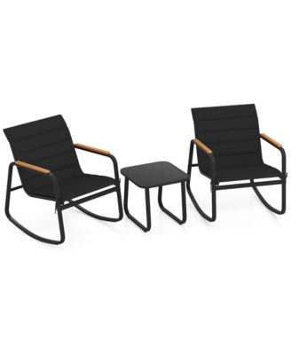 Set of 3 Outdoor Rocking Bistro Set w/Tempered Glass Table Metal Frame Soft Cushions