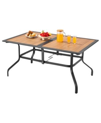 59 in Rectangular Wood-Like Steel Slat Outdoor Patio Dining Table for 4-6 with 1.5 in Umbrella Hole