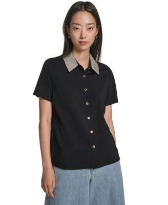 Women's Crystal-Embellished Collared Short-Sleeve Blouse