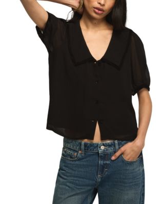 Women's Short-Sleeve Peter Pan Collar Velvet Trim Blouse