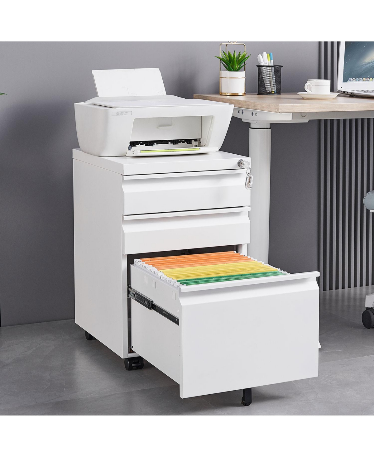 Boyel Living 3-Drawer Steel 14.57 in. With Mobile Vertical File Cabinet with Lock, 5 Wheels Cabinet - White
