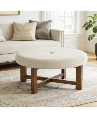 Round Ottoman with Wood Cross Base, 35" Coffee Table