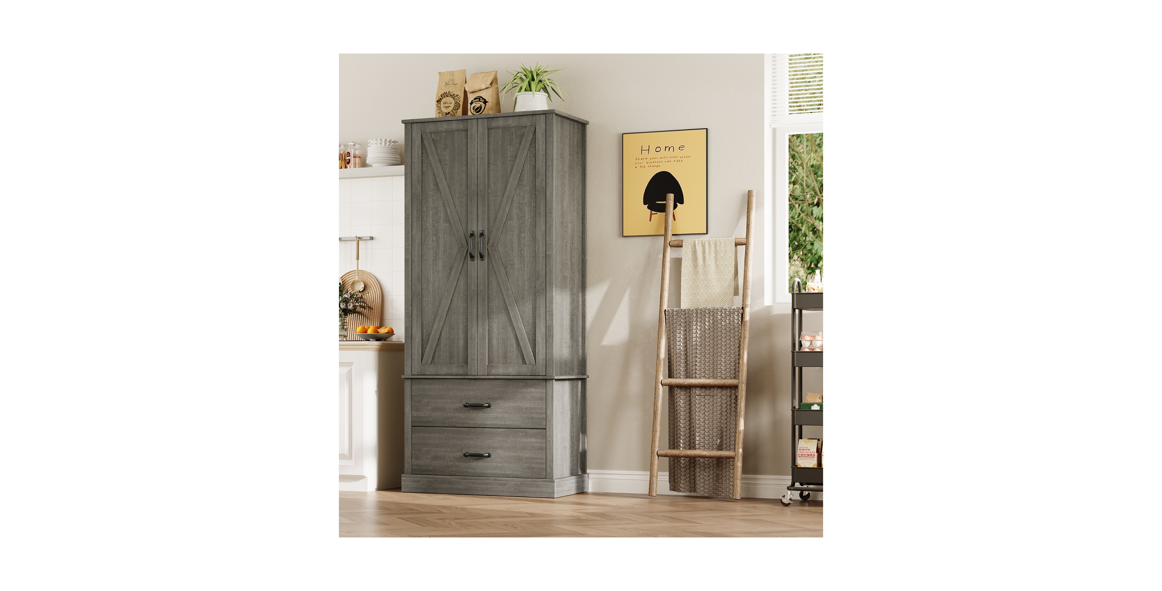 homfan Tall Kitchen Pantry Storage Cabinet with 3 Shelves and 2 Drawers, Farmhouse Cupboard for Dining Room, Living Room