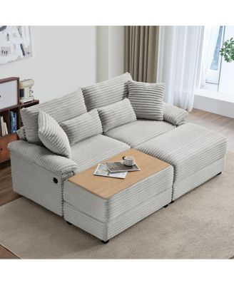 Double Corduroy Chaise Lounge Set with Storage Ottomans and USB Port