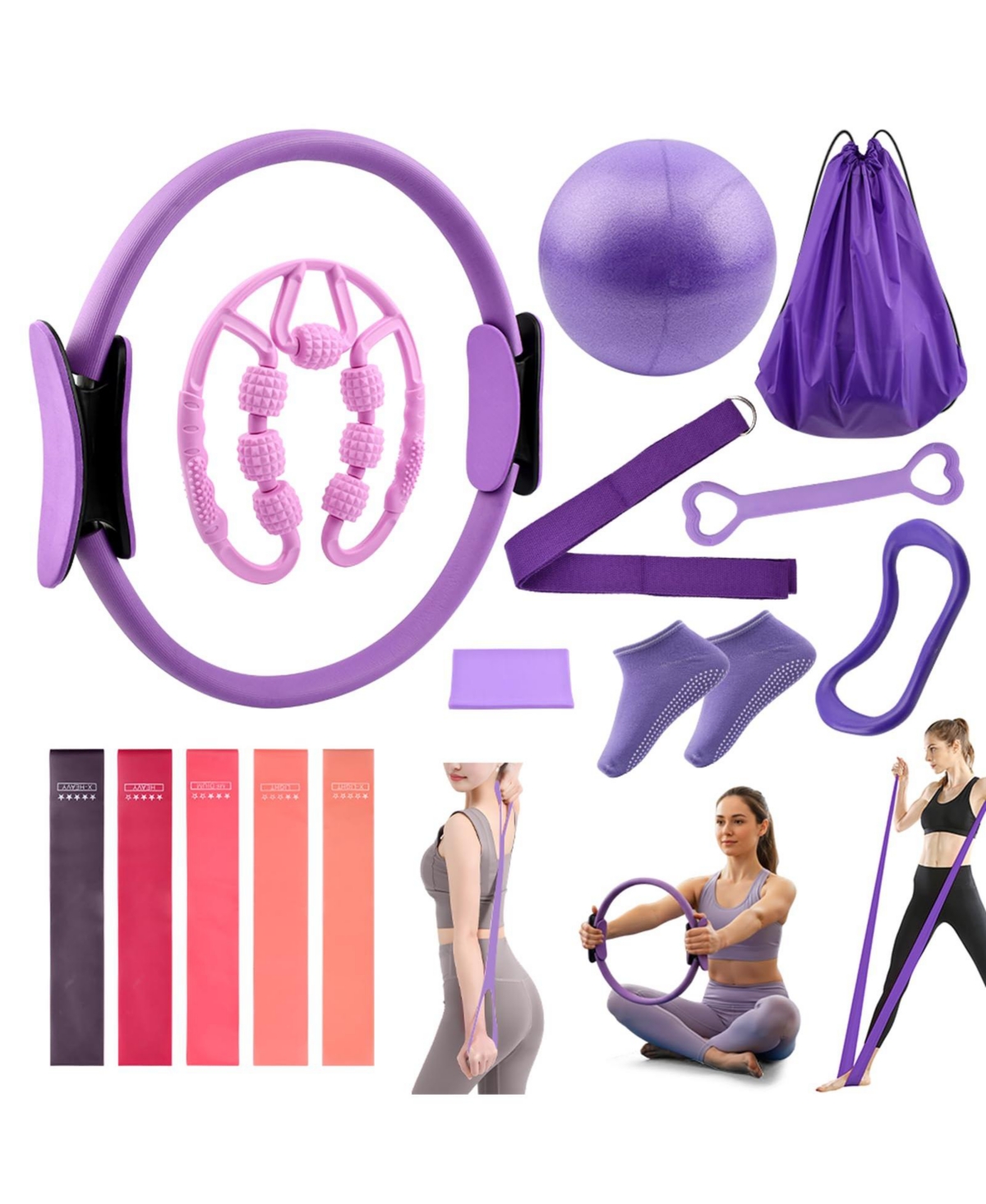 Sportneer All-in-One Pilates Workout Kit Home Fitness Equipment with Resistance Bands Yoga Circle Ball - Purple