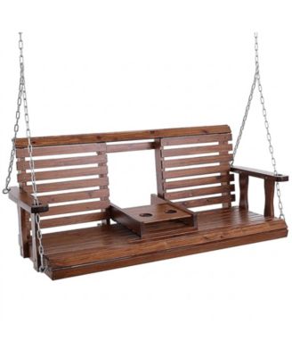 60 Inch Cedar Wood Porch Swing with Galvanized Steel Chains and Foldable Cup Holder