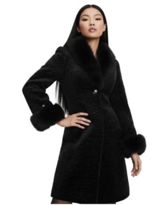 Women's Paula Black Textured Evening Coat with Faux-Fur Shawl Collar and Cuffs