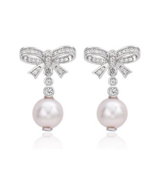 Suzy Levian Sterling Silver Pearl and White Sapphire Bow Earrings
