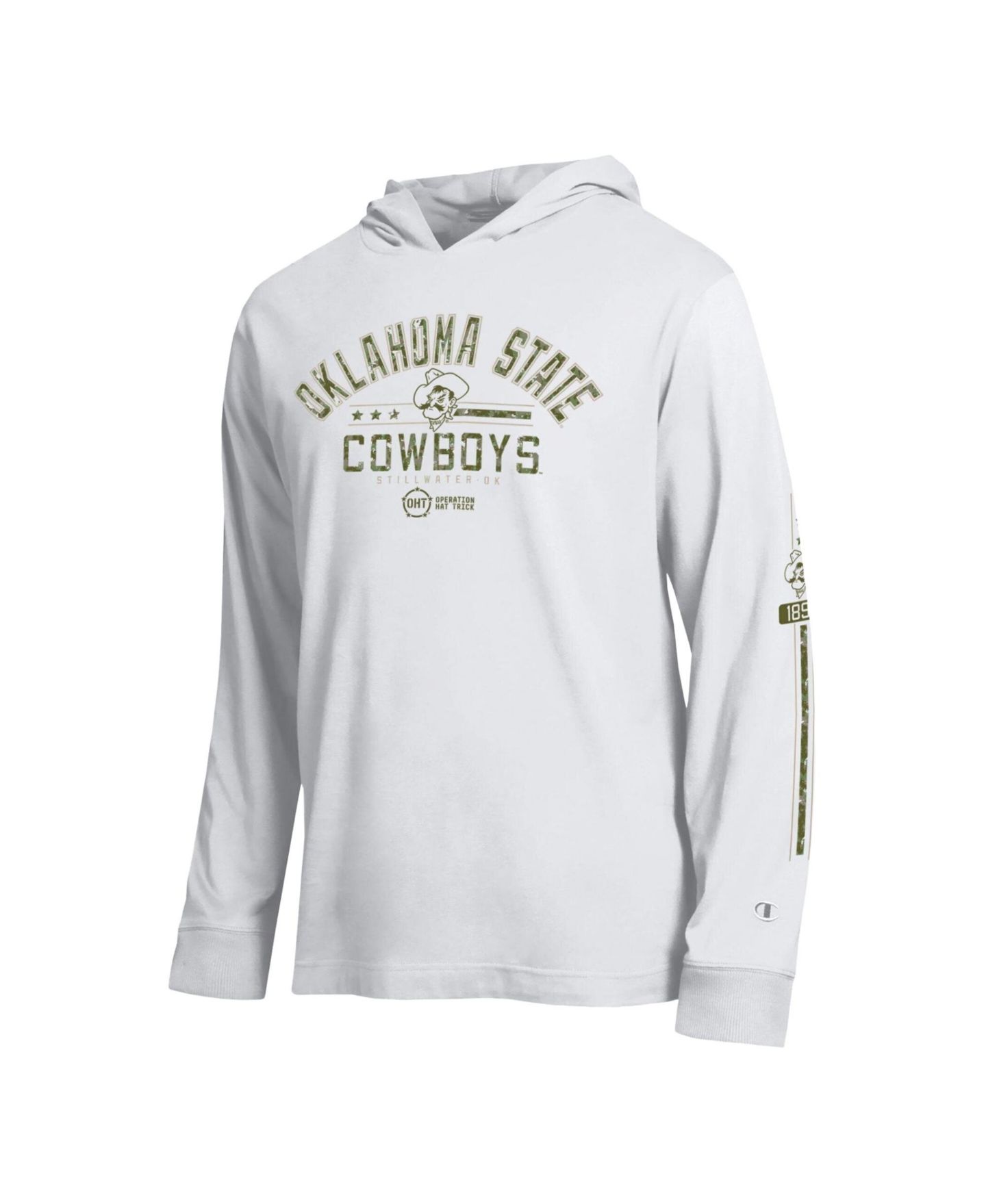 Мужская футболка Champion White Oklahoma State Cowboys Operation Hat Trick Sleeve Line Hooded Long-Sleeve — фото 2