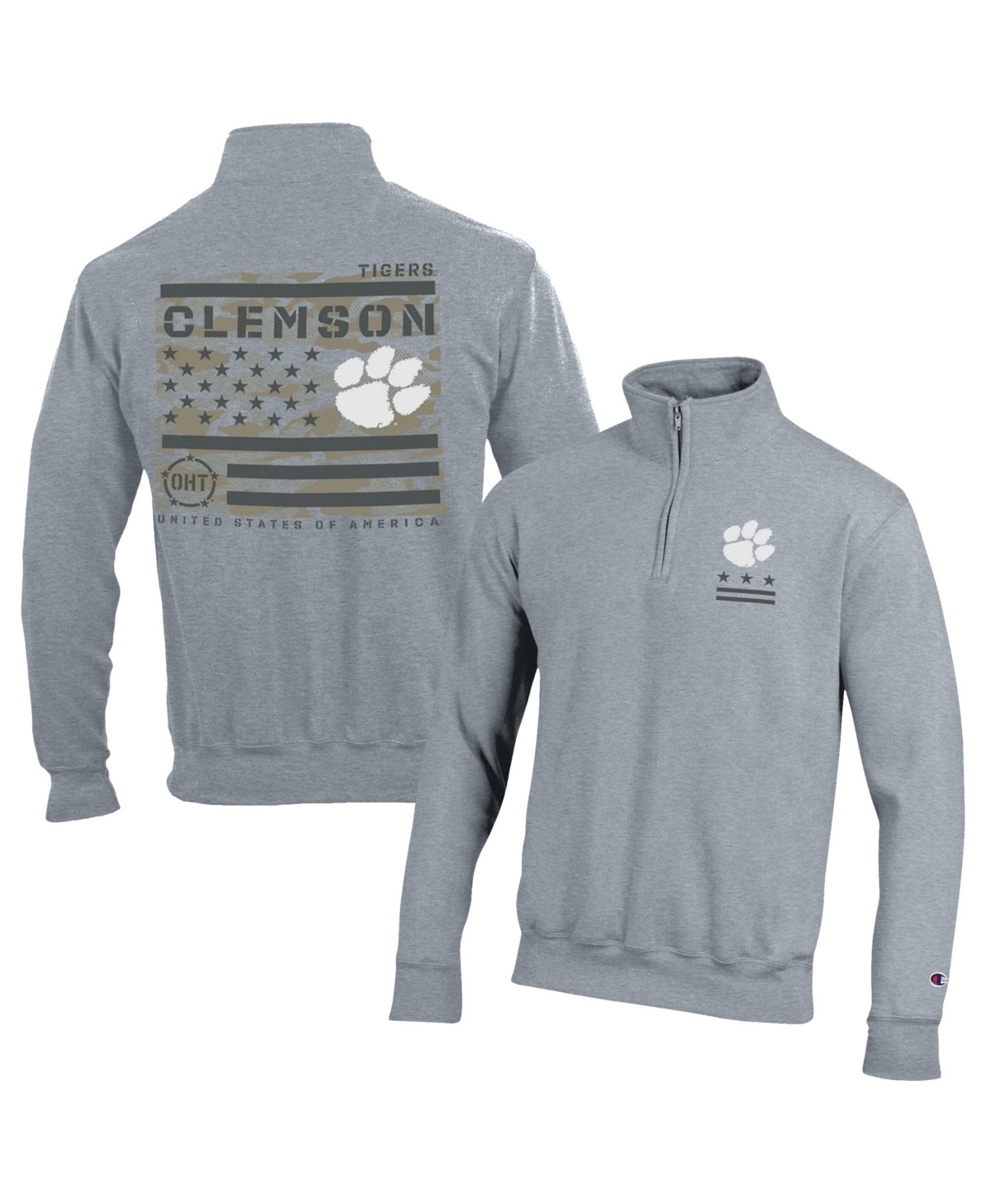 Champion Men's Heather Gray Clemson Tigers Operation Hat Trick Flag Powerblend Fleece Quarter-Zip Pullover - Heather Gray