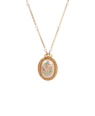 Gold-Tone Large Oval Flower Decal Imitation Pearl Chain Necklace