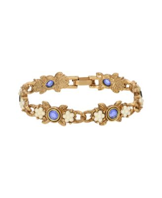 Gold-Tone Imitation Pearl Flower Blue Stone Bracelet