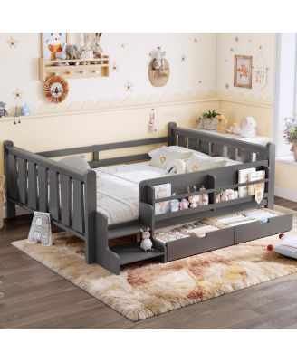 Full Size Wood Kids Floor Bed with Bookcase, Drawers, and Stairs