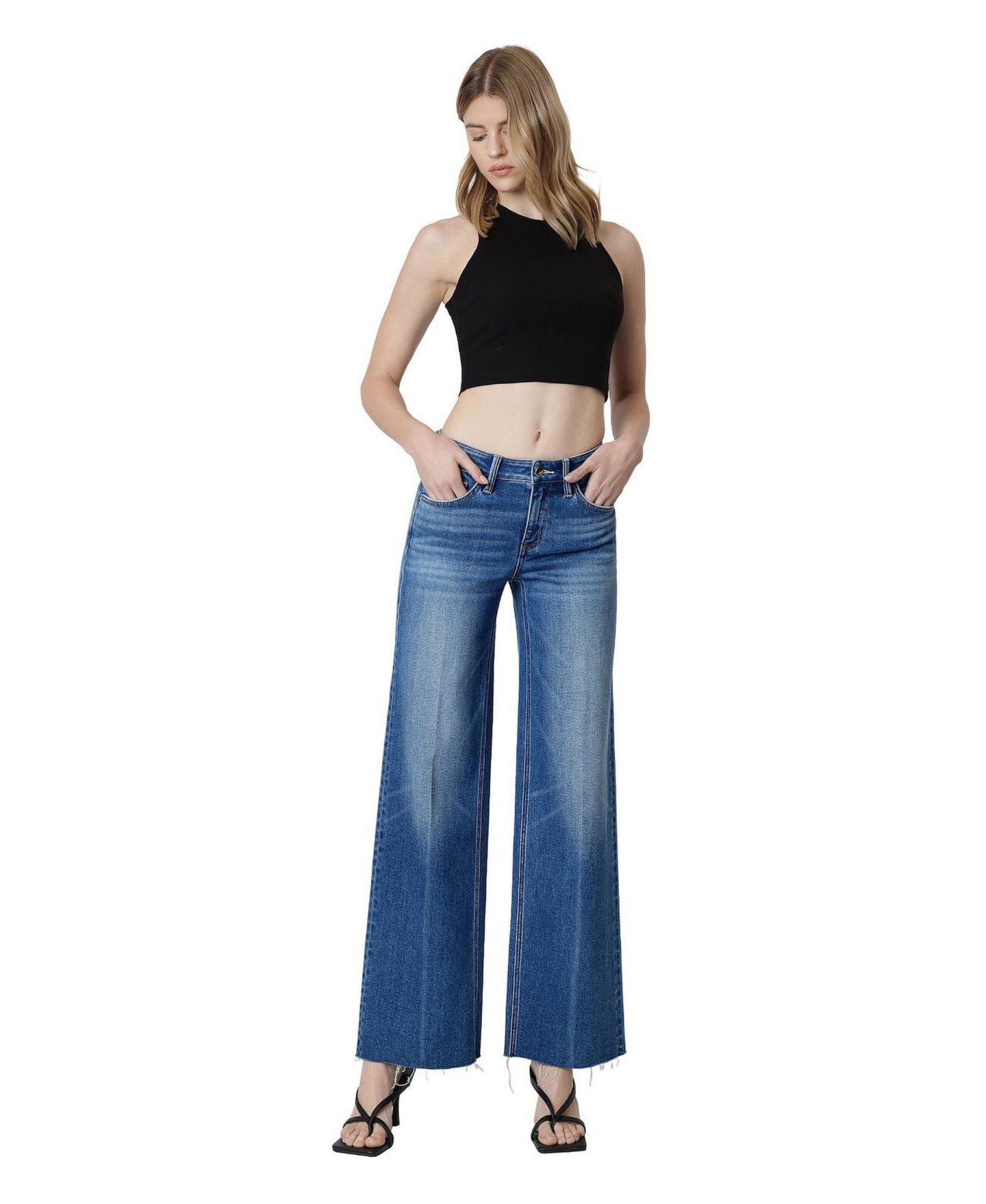Женские джинсы Flying Monkey Fine Mid Rise Wide Leg Raw Hem, цвет: Синий — фото 2