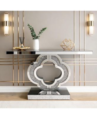 Clover-Shaped 43 x 13 x 29 in Tempered Glass & Mirrored Crushed Diamond Console Table