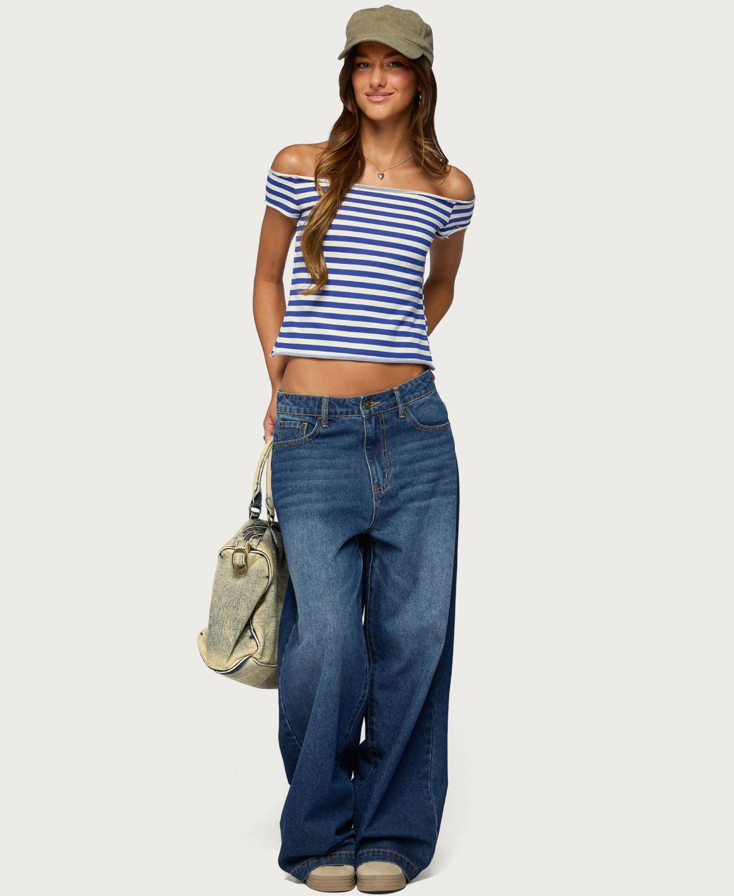 Женский топ Edikted French Terry Striped Off Shoulder, цвет: Синий белый — фото 4