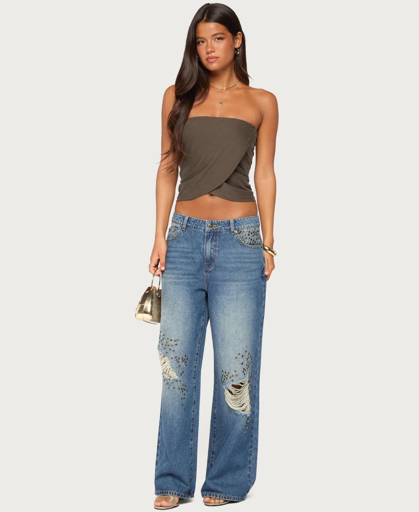 Женский топ Edikted Amei Strapless Asymmetric Wrap, цвет: Коричневый — фото 5