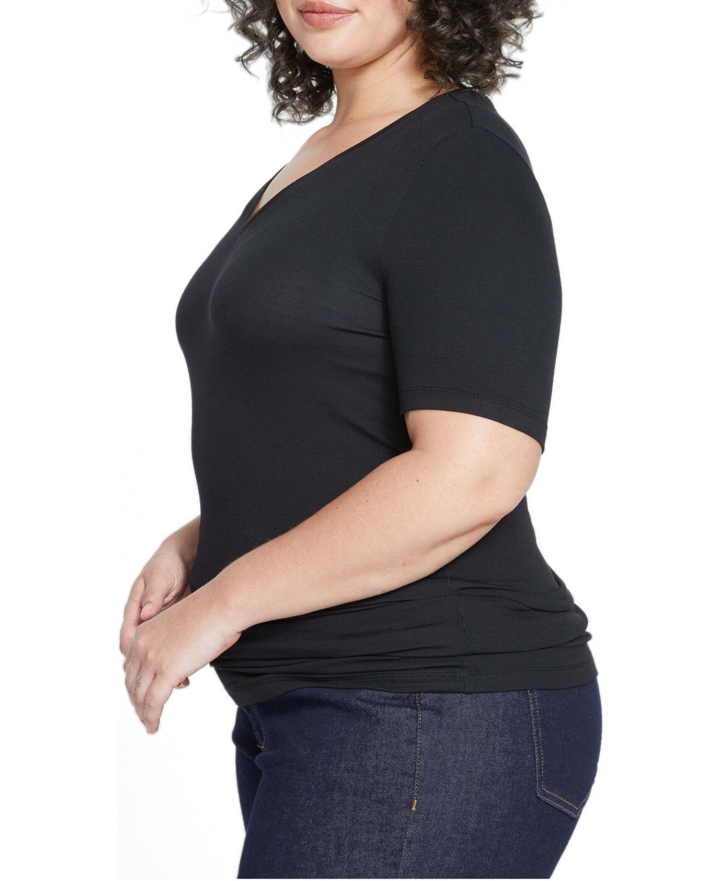 Женская футболка Universal Standard Plus Size Cloud Rib Short Sleeve V-Neck, цвет: Чёрный — фото 2