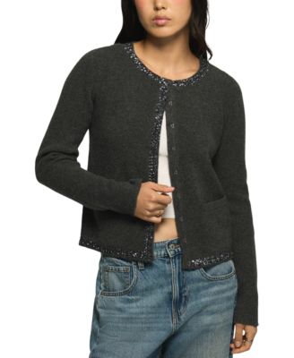 Women's Beaded Crewneck Long-Sleeve Cardigan