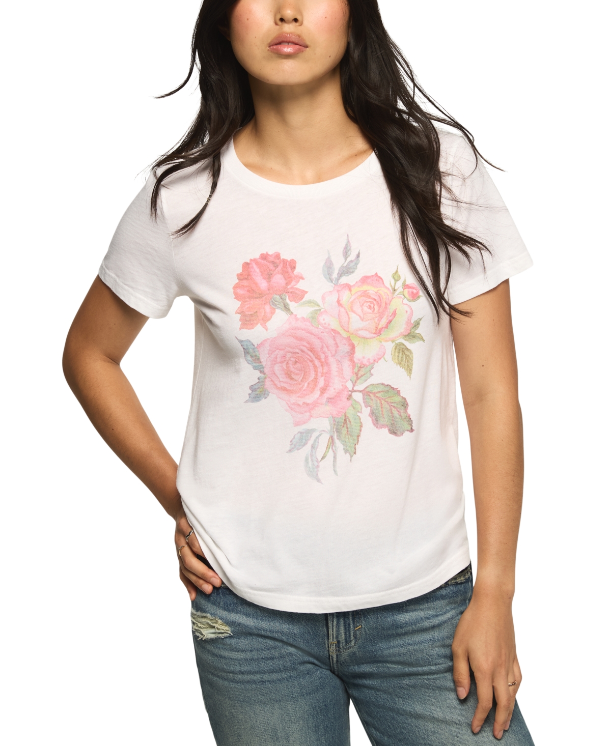 Lucky Brand Women's Love Is The Answer Roses Floral Graphic Crewneck Short-Sleeve T-Shirt - Bright White