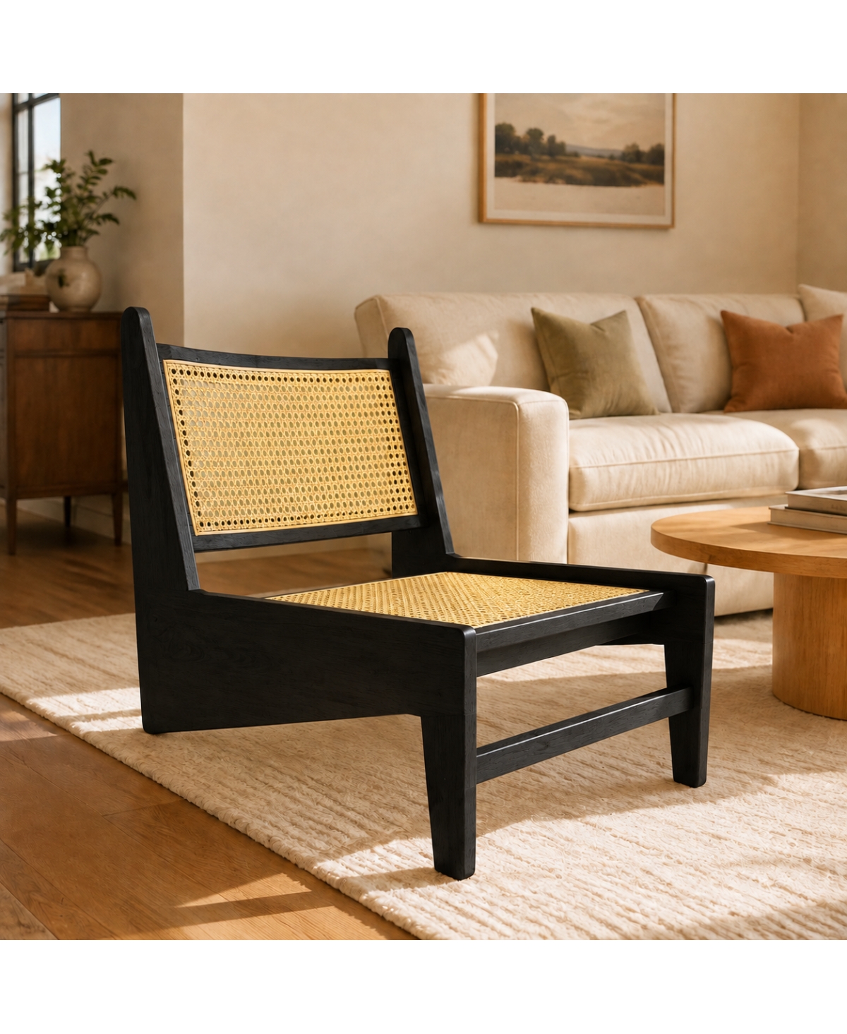 Streamdale Furniture Modern Mid-Century Rattan Lounge Chair, Comfy Wood Accent Chair - Black
