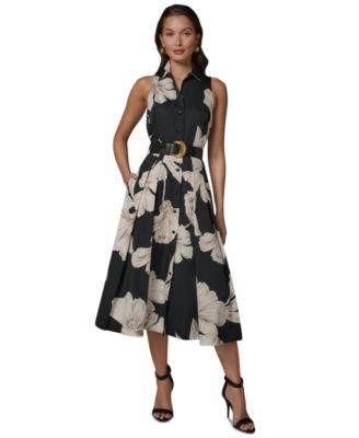 Women's Sleeveless Floral Collared Midi Shirt-dress