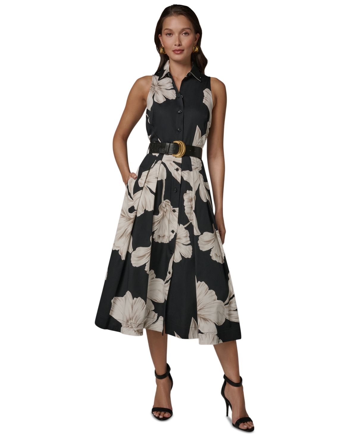 Donna Karan New York Women's Sleeveless Floral Collared Midi Shirtdress - Black Multi