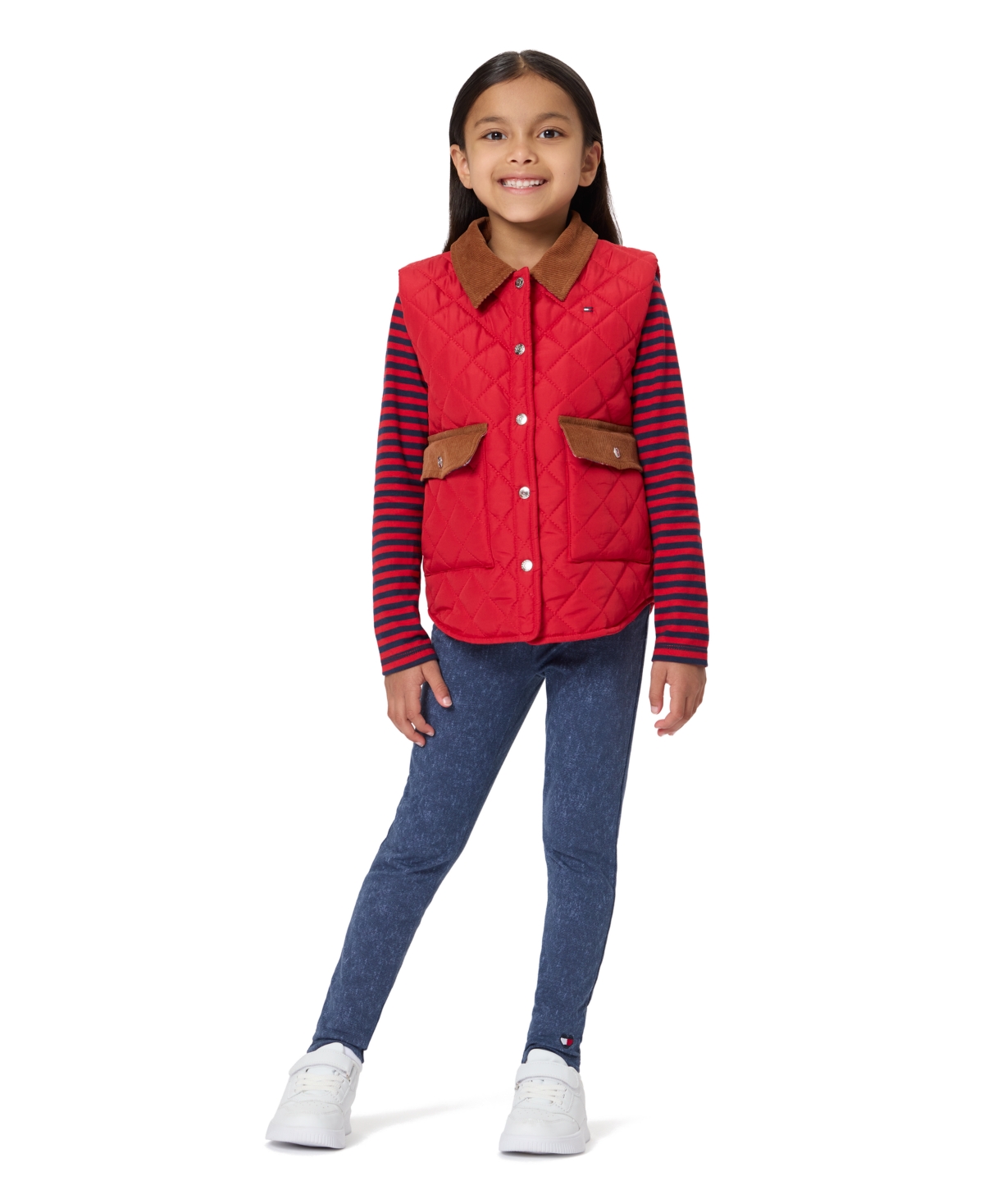 Tommy Hilfiger Girls' 4-6x Striped Long-Sleeve Quilted T-Shirt, Vest and Denim Leggings, 3-Piece Set - Red/Egret/Navy