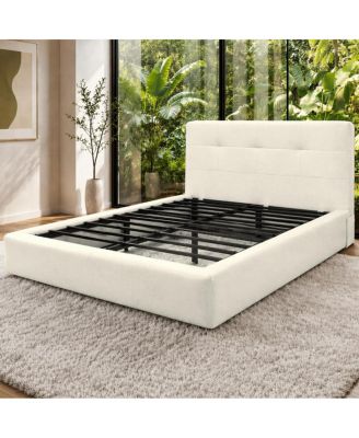 Full Size White Upholstered Platform Bed Frame with Headboard and Metal Slats