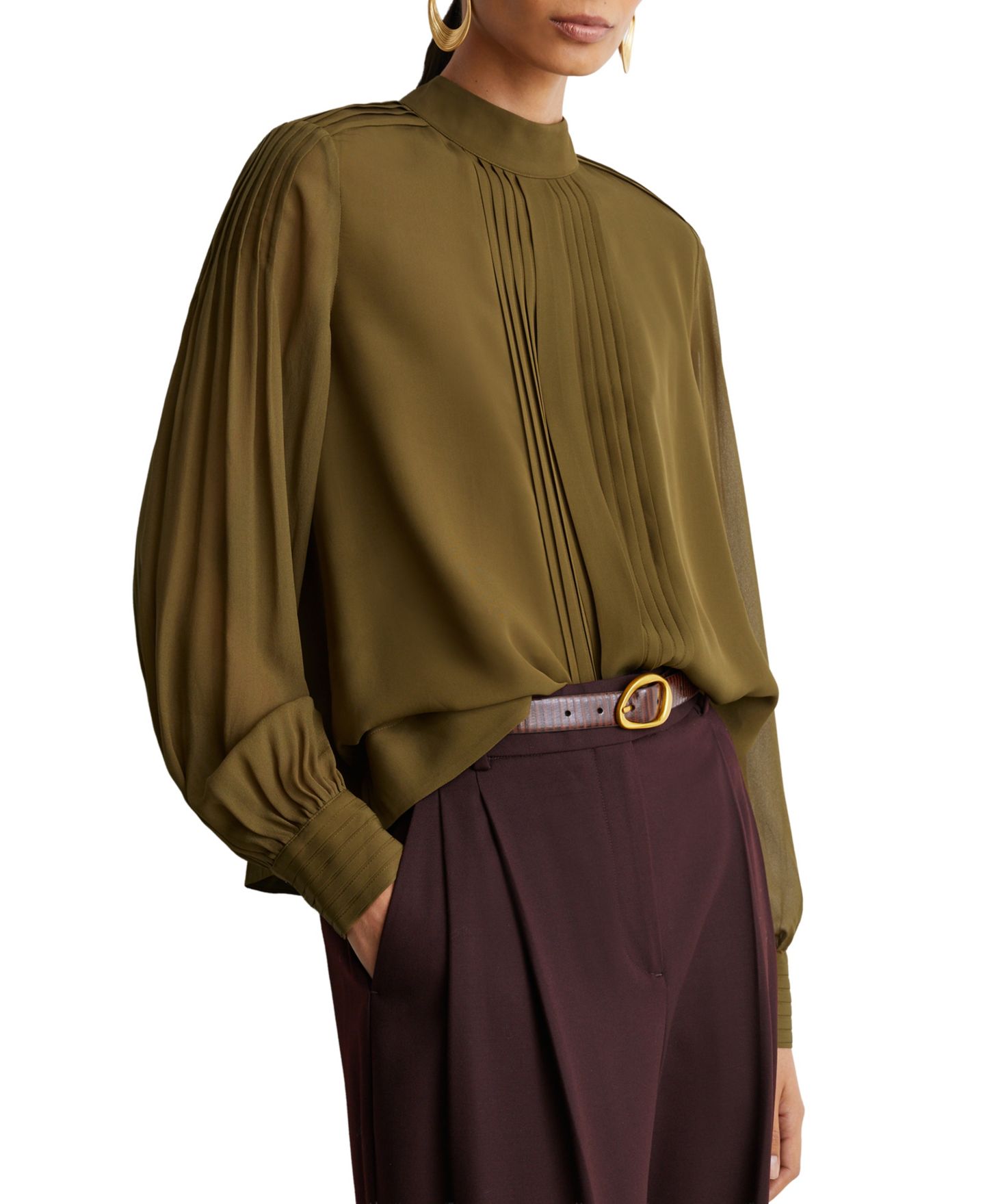 Женская блузка REISS Ottilie Long-Sleeve Mock-Neck Tie-Back, цвет: Хаки зелёный — фото 1