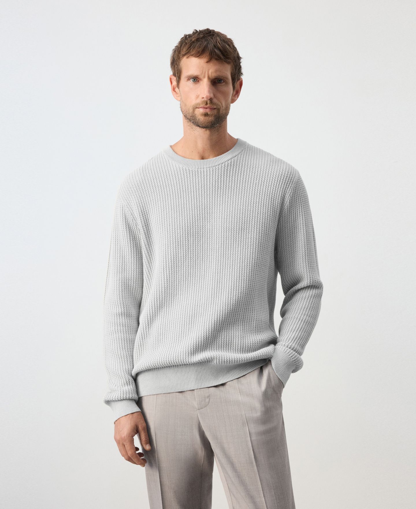 Мужской свитер Mango Bilbo Cotton Crewneck Ribbed, цвет: Ледяной серый — фото 6