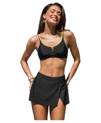 Women's Color Contrast Trim Keyhole Swim Skirt Bikini Set