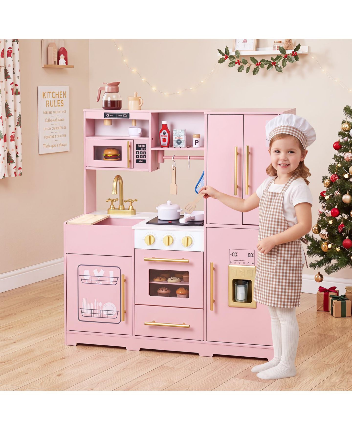 Детская игрушка Costway Wooden Play Kitchen with Realistic Lights and Sounds, от 3 лет, цвет: Розовый — фото 2